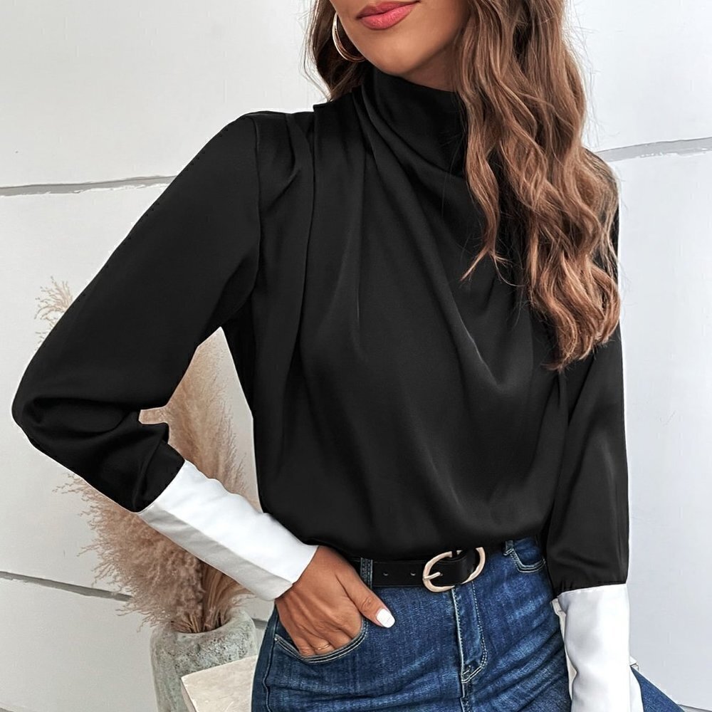 Black Casual Womens Contrast Cuff Fold Pleated Detail 2 In 1 Blouse - Picture 2 of 5